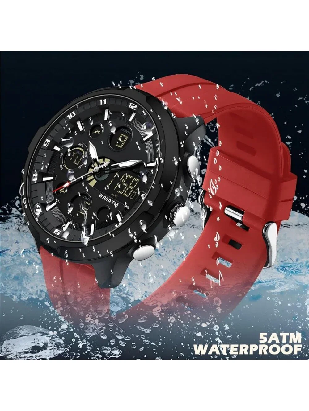 Men Red Large Face Watches Chronograph Waterproof Sport Military Heavy Duty